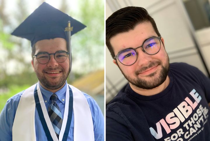 The author graduating college in 2021 at age 21 (left), and celebrating Transgender Day of Visibility in 2023 at age 23 (right).