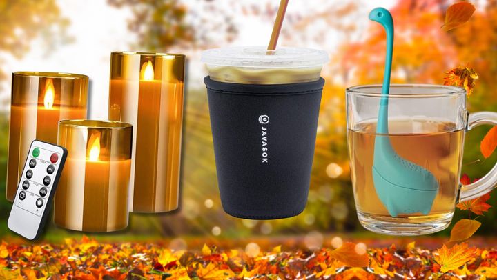 These remote-controlled flameless candles, this iced coffee insulator sleeve, and this loose tea infuser will help make your fall extra cozy.