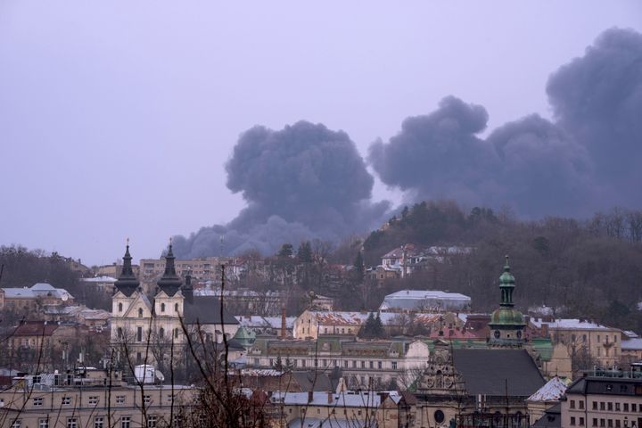 Smoke is seen in the air in Lviv, western Ukraine, in March 2022.