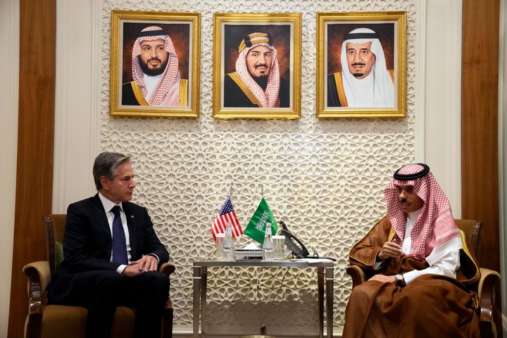 U.S. Secretary of State Antony Blinken, left, meets with Saudi Foreign Minister Prince Faisal bin Farhan, at the Ministry of Foreign Affairs in Riyadh, Saudi Arabia, Saturday Oct. 14, 2023. (AP Photo/Jacquelyn Martin, Pool)