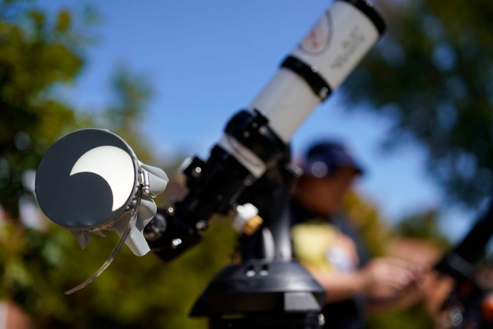 A partial solar eclipse is seen on a telescope, Saturday, Oct. 14, 2023, in Marietta, Ga. What's called an annular solar eclipse — better known as a ring of fire — will briefly dim the skies over parts of the western U.S. and Central and South America. (AP Photo/Mike Stewart)